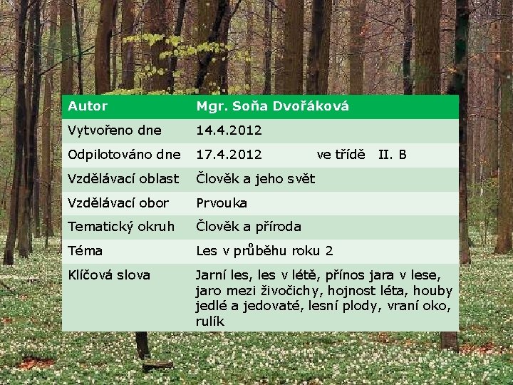 Autor Mgr. Soňa Dvořáková Vytvořeno dne 14. 4. 2012 Odpilotováno dne 17. 4. 2012