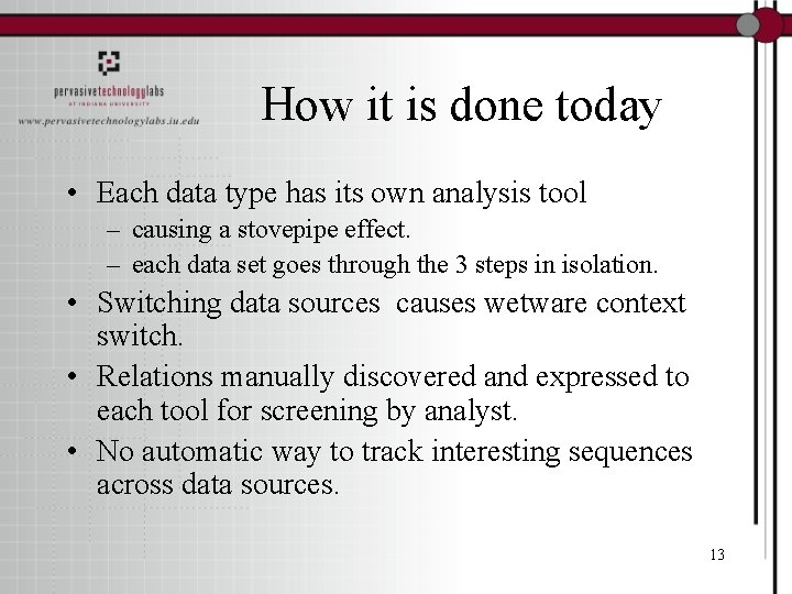 How it is done today • Each data type has its own analysis tool