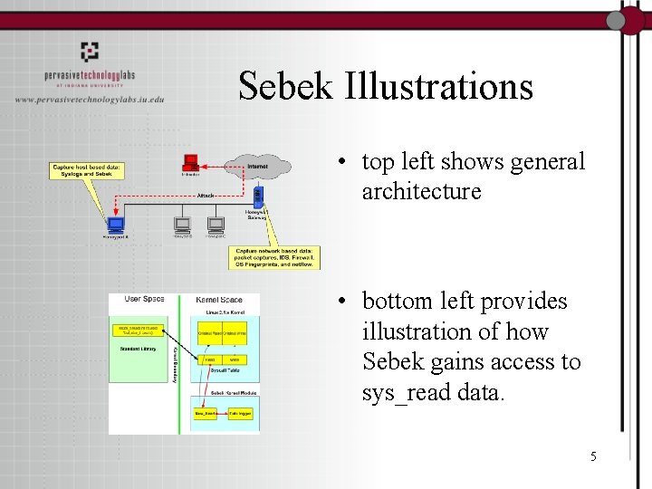 Sebek Illustrations • top left shows general architecture • bottom left provides illustration of