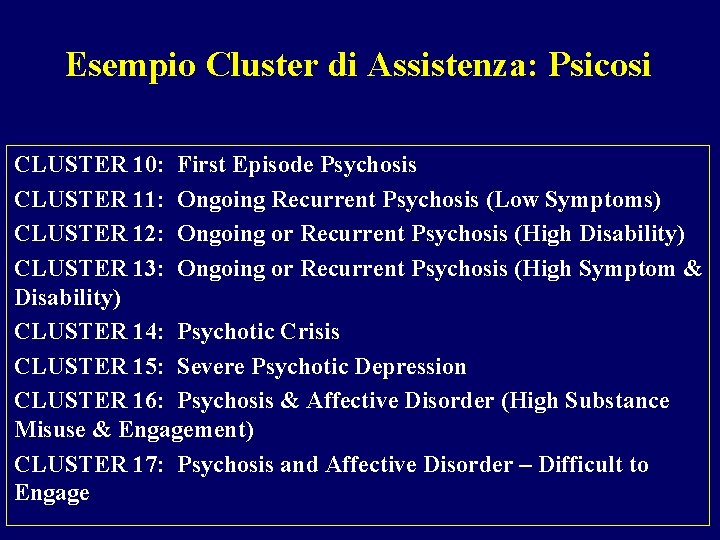 Esempio Cluster di Assistenza: Psicosi CLUSTER 10: First Episode Psychosis CLUSTER 11: Ongoing Recurrent