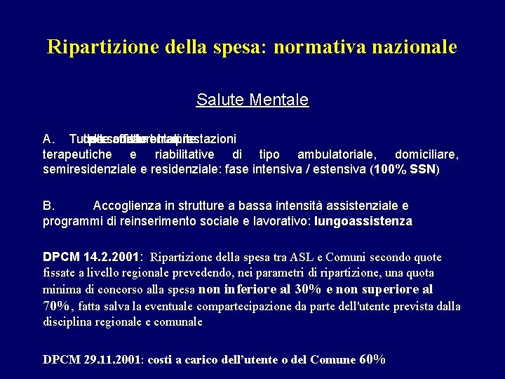 Ripartizione della spesa: normativa nazionale Salute Mentale A. Tutela delle persone affette disturbi damentali