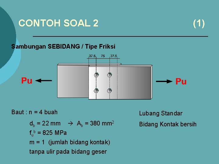 CONTOH SOAL 2 (1) Sambungan SEBIDANG / Tipe Friksi Baut : n = 4