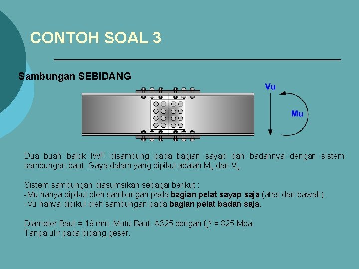 CONTOH SOAL 3 Sambungan SEBIDANG Dua buah balok IWF disambung pada bagian sayap dan