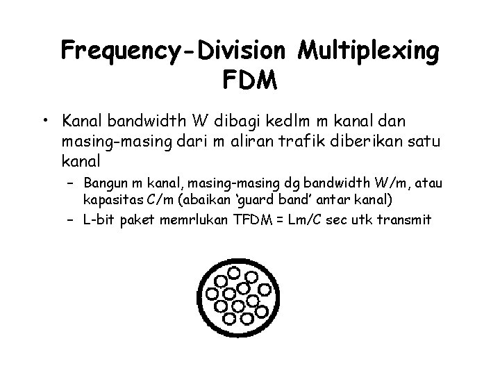 Frequency-Division Multiplexing FDM • Kanal bandwidth W dibagi kedlm m kanal dan masing-masing dari
