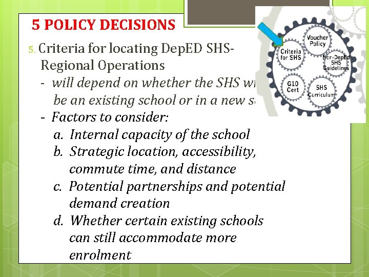 5 POLICY DECISIONS 5. Criteria for locating Dep. ED SHSRegional Operations - will depend