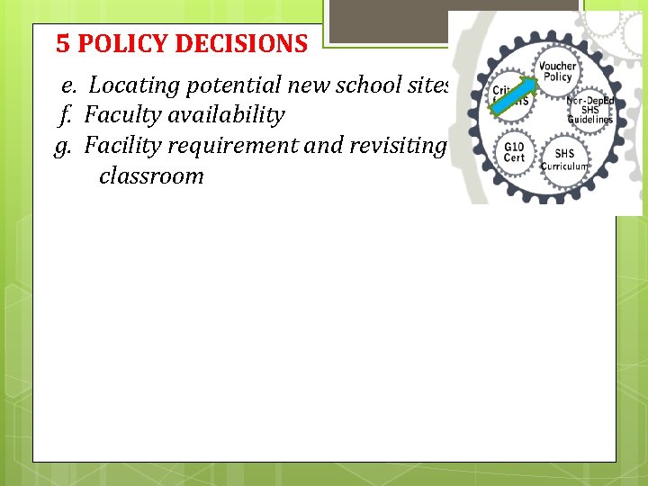 5 POLICY DECISIONS e. Locating potential new school sites f. Faculty availability g. Facility