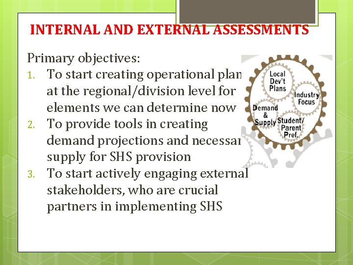 INTERNAL AND EXTERNAL ASSESSMENTS Primary objectives: 1. To start creating operational plan at the
