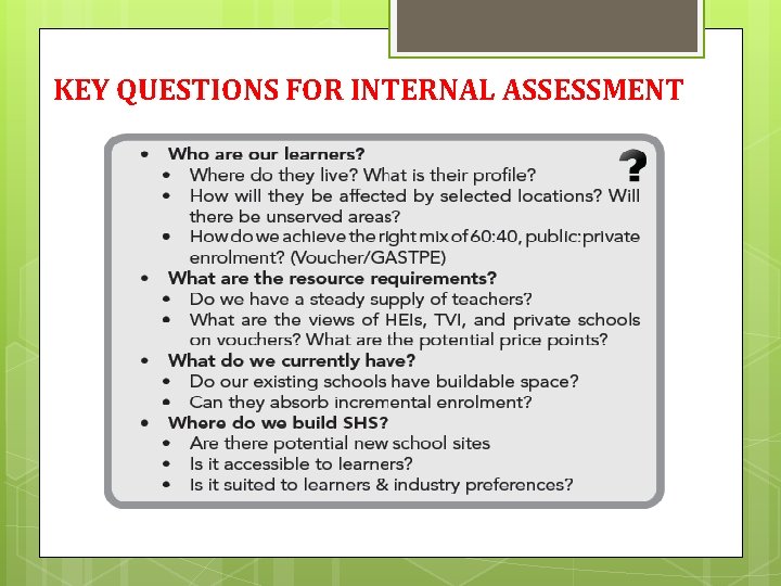 KEY QUESTIONS FOR INTERNAL ASSESSMENT 