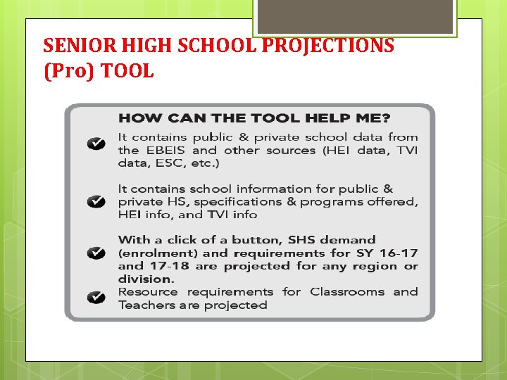 SENIOR HIGH SCHOOL PROJECTIONS (Pro) TOOL 