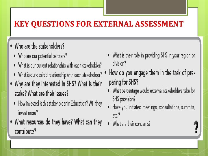 KEY QUESTIONS FOR EXTERNAL ASSESSMENT 