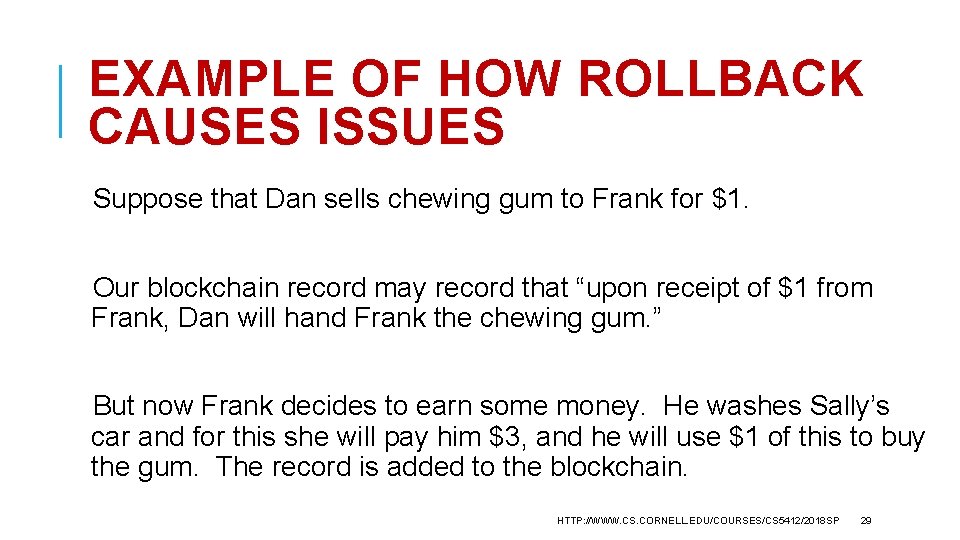 EXAMPLE OF HOW ROLLBACK CAUSES ISSUES Suppose that Dan sells chewing gum to Frank