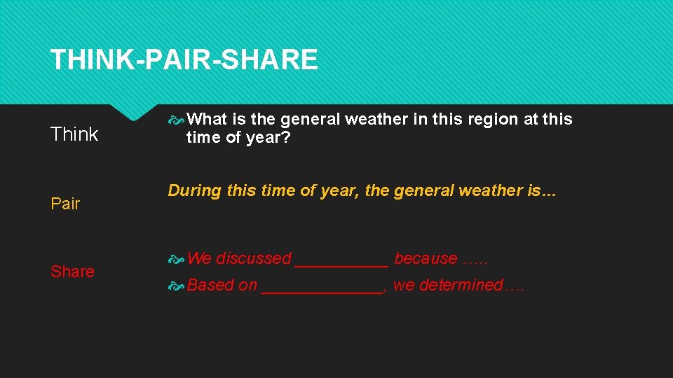 THINK-PAIR-SHARE Think Pair Share What is the general weather in this region at this