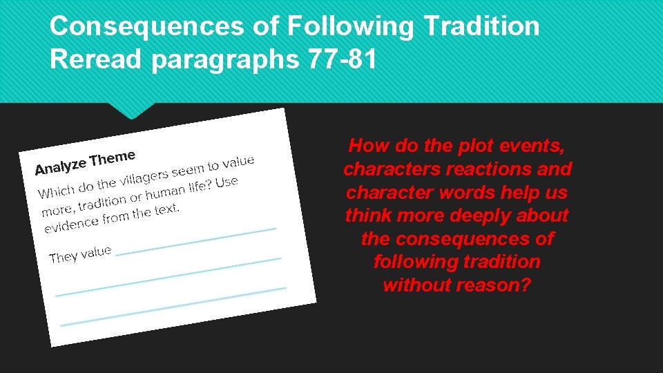 Consequences of Following Tradition Reread paragraphs 77 -81 How do the plot events, characters