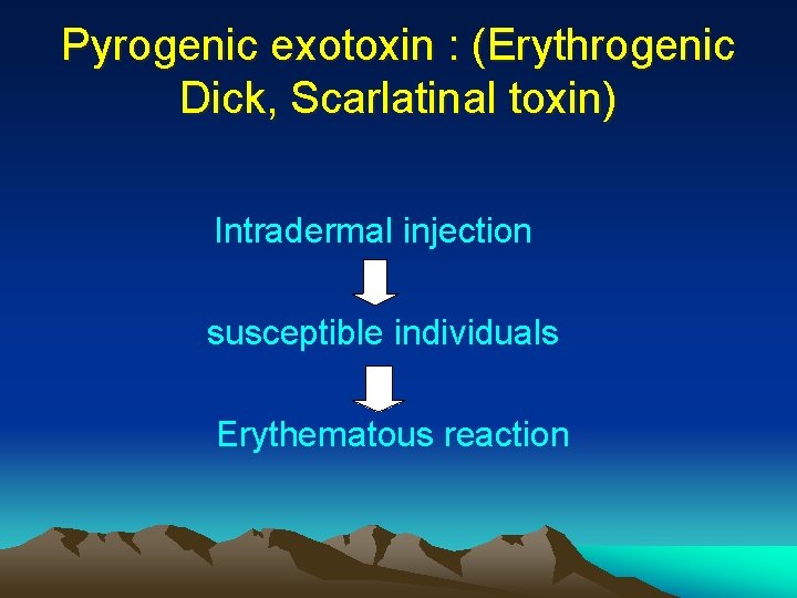 Pyrogenic exotoxin : (Erythrogenic Dick, Scarlatinal toxin) Intradermal injection susceptible individuals Erythematous reaction 