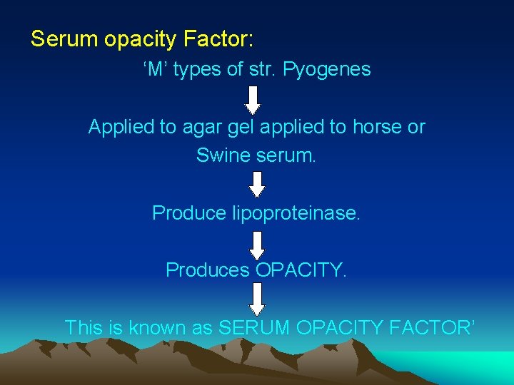 Serum opacity Factor: ‘M’ types of str. Pyogenes Applied to agar gel applied to