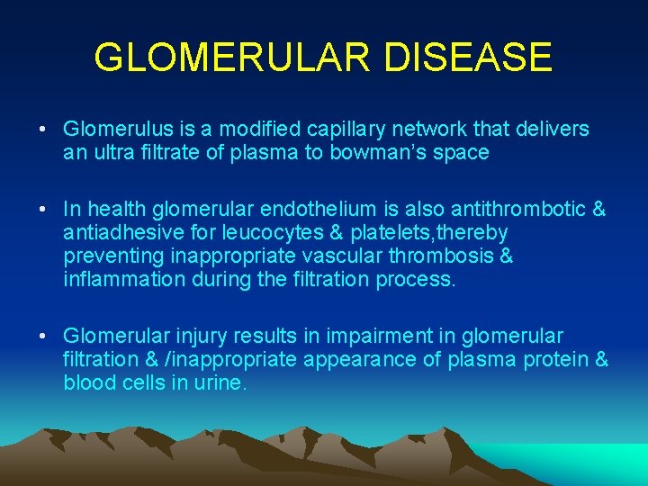 GLOMERULAR DISEASE • Glomerulus is a modified capillary network that delivers an ultra filtrate