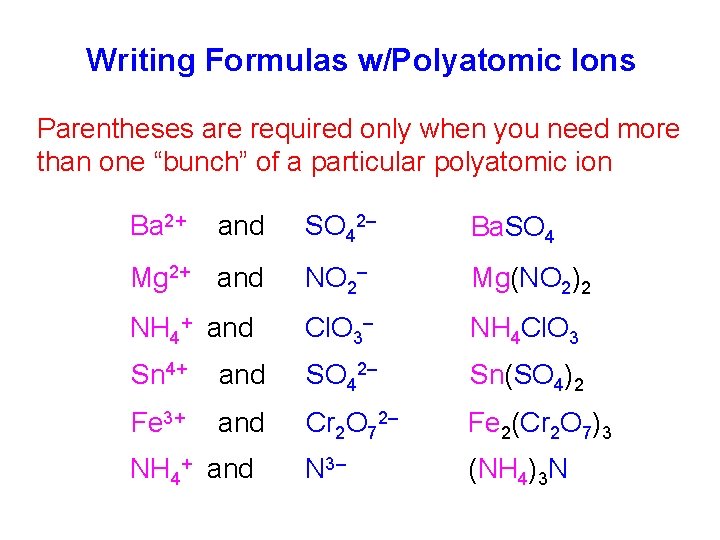 Writing Formulas w/Polyatomic Ions Parentheses are required only when you need more than one