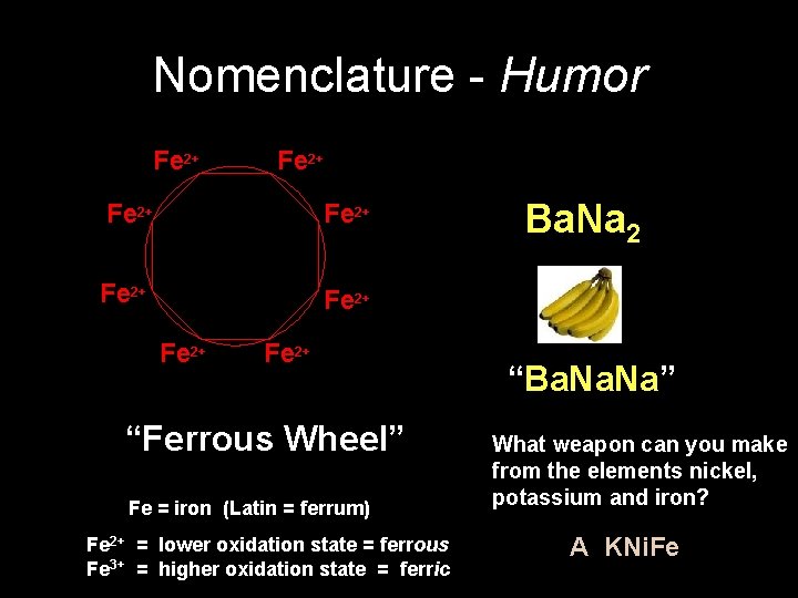 Nomenclature - Humor Fe 2+ Fe 2+ “Ferrous Wheel” Fe = iron (Latin =