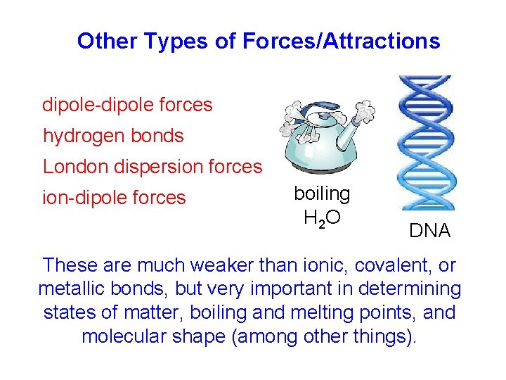 Other Types of Forces/Attractions dipole-dipole forces hydrogen bonds London dispersion forces ion-dipole forces boiling