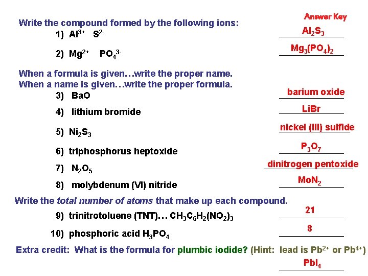 Answer Key Write the compound formed by the following ions: 1) Al 3+ S