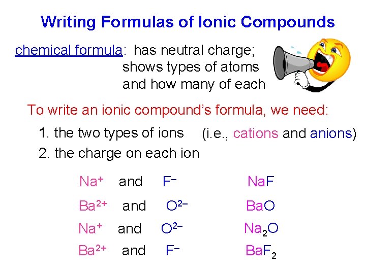 Writing Formulas of Ionic Compounds chemical formula: has neutral charge; shows types of atoms