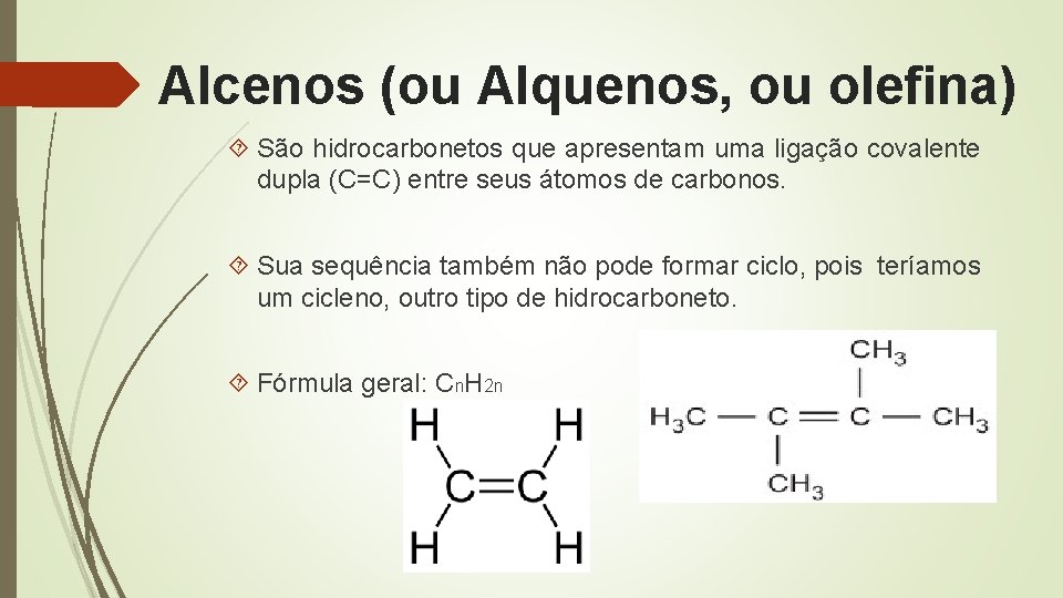 Alcenos (ou Alquenos, ou olefina) São hidrocarbonetos que apresentam uma ligação covalente dupla (C=C)