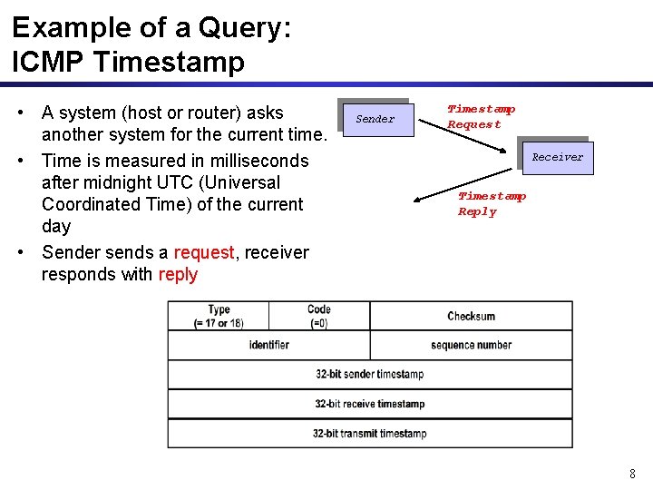 Example of a Query: ICMP Timestamp • A system (host or router) asks another