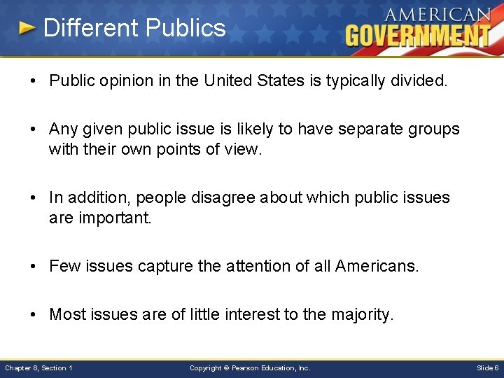 Different Publics • Public opinion in the United States is typically divided. • Any
