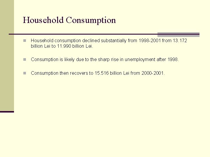 Household Consumption n Household consumption declined substantially from 1998 -2001 from 13. 172 billion