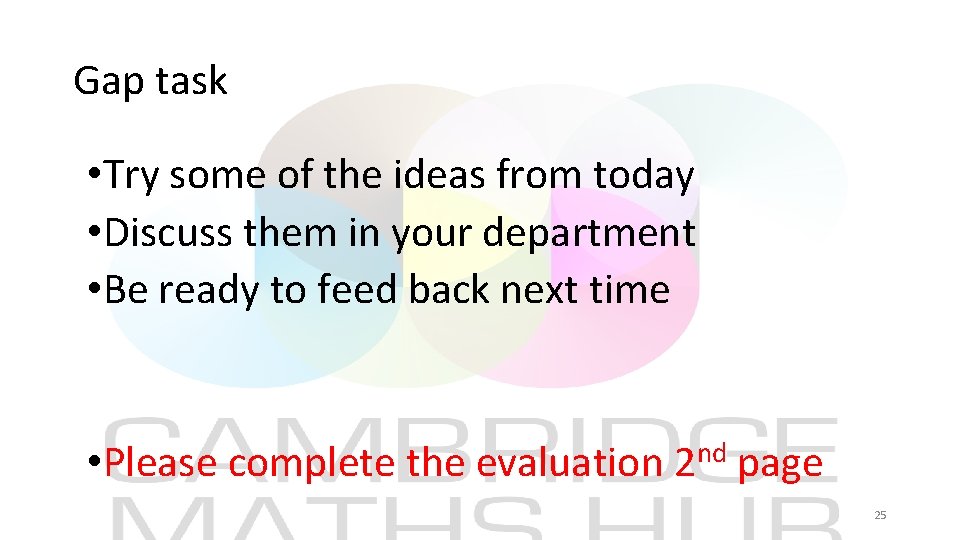 Gap task • Try some of the ideas from today • Discuss them in