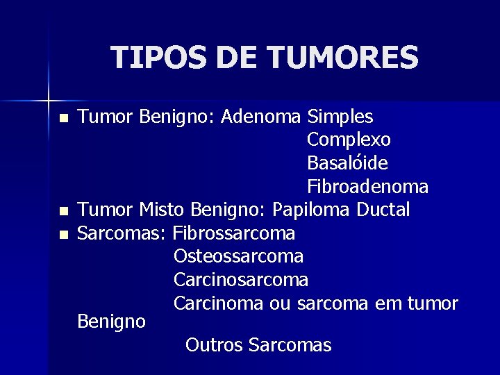 TIPOS DE TUMORES n n n Tumor Benigno: Adenoma Simples Complexo Basalóide Fibroadenoma Tumor