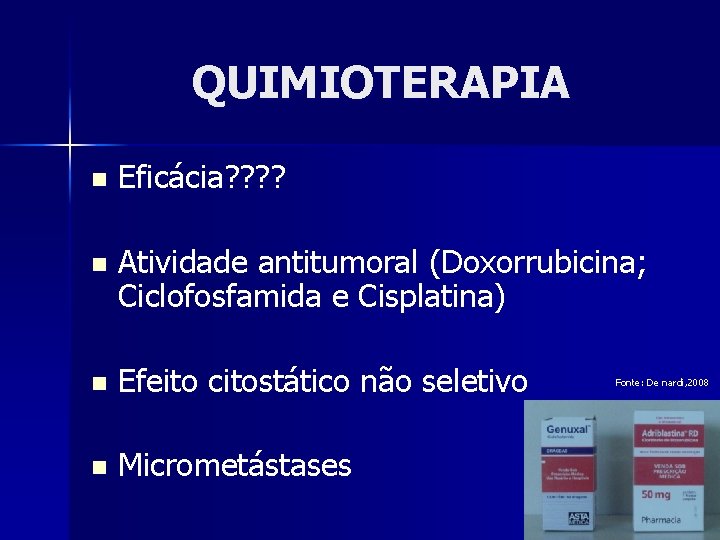 QUIMIOTERAPIA n Eficácia? ? n Atividade antitumoral (Doxorrubicina; Ciclofosfamida e Cisplatina) n Efeito citostático