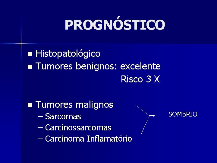 PROGNÓSTICO Histopatológico n Tumores benignos: excelente Risco 3 X n n Tumores malignos –