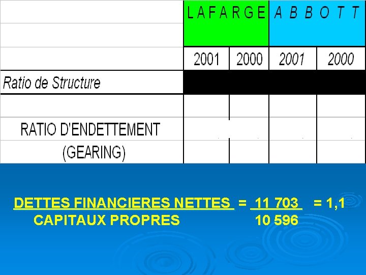 DETTES FINANCIERES NETTES = 11 703 CAPITAUX PROPRES 10 596 = 1, 1 