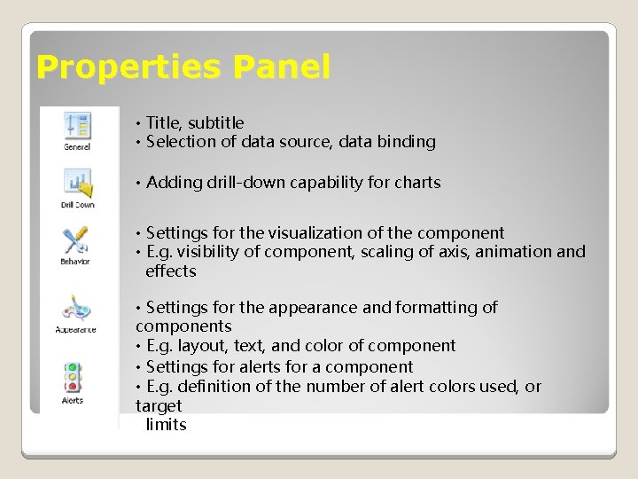 Properties Panel • Title, subtitle • Selection of data source, data binding • Adding