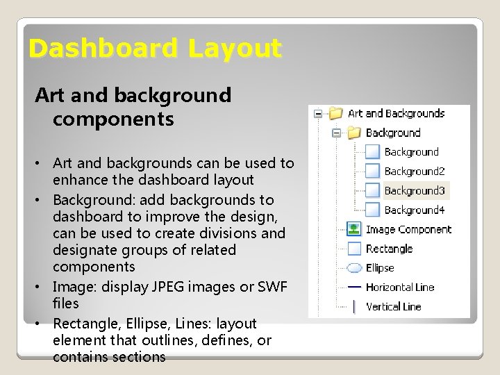 Dashboard Layout Art and background components • Art and backgrounds can be used to