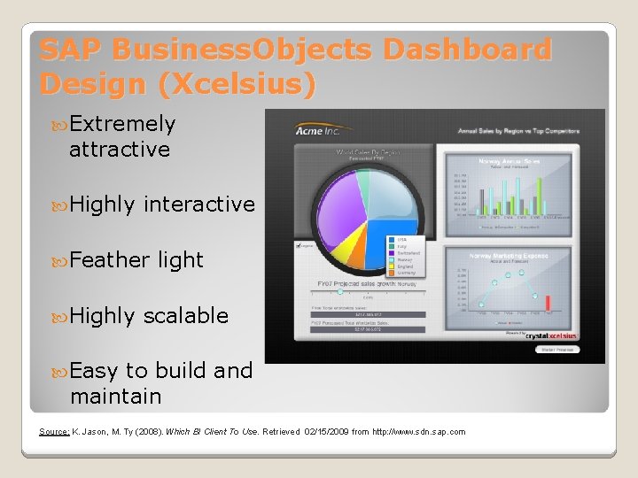 SAP Business. Objects Dashboard Design (Xcelsius) Extremely attractive Highly interactive Feather Highly light scalable