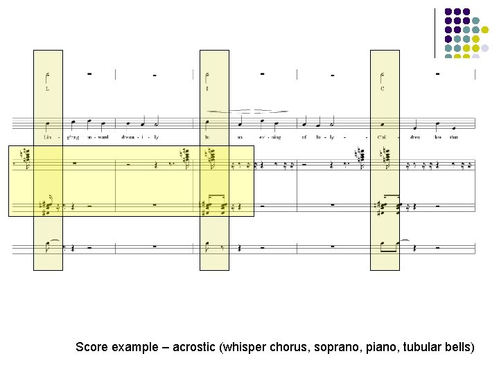 Score example – acrostic (whisper chorus, soprano, piano, tubular bells) 