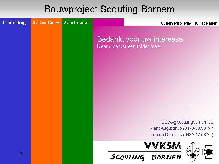 Bouwproject Scouting Bornem 1. Inleiding 2. Den Bouw 3. Interactie Oudervergadering, 18 december 2005