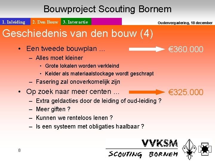 Bouwproject Scouting Bornem 1. Inleiding 2. Den Bouw 3. Interactie Geschiedenis van den bouw