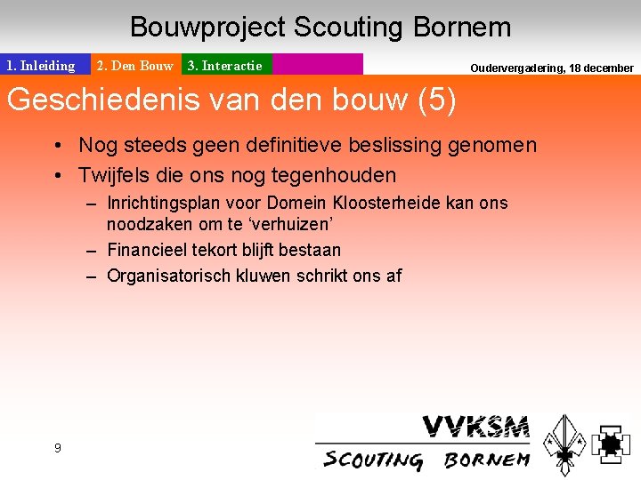 Bouwproject Scouting Bornem 1. Inleiding 2. Den Bouw 3. Interactie Geschiedenis van den bouw