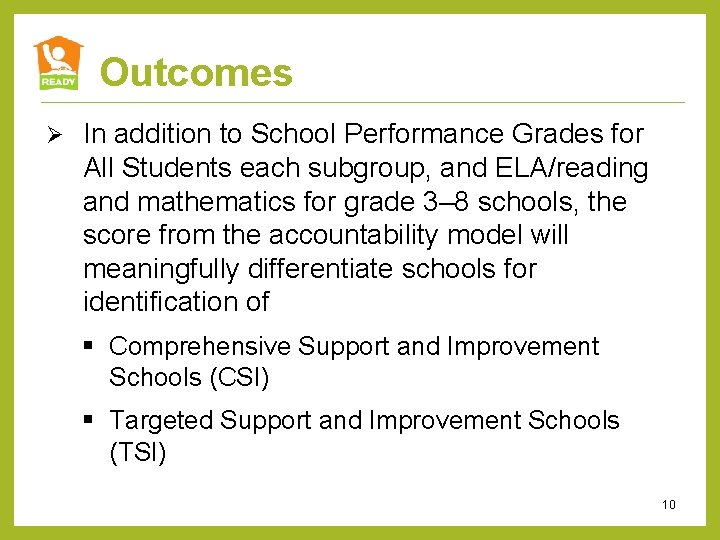 Outcomes Ø In addition to School Performance Grades for All Students each subgroup, and