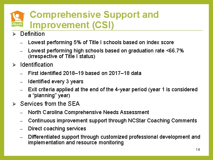 Comprehensive Support and Improvement (CSI) Ø Ø Ø Definition – Lowest performing 5% of
