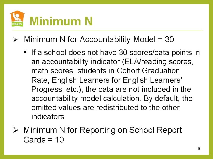 Minimum N Ø Minimum N for Accountability Model = 30 § If a school