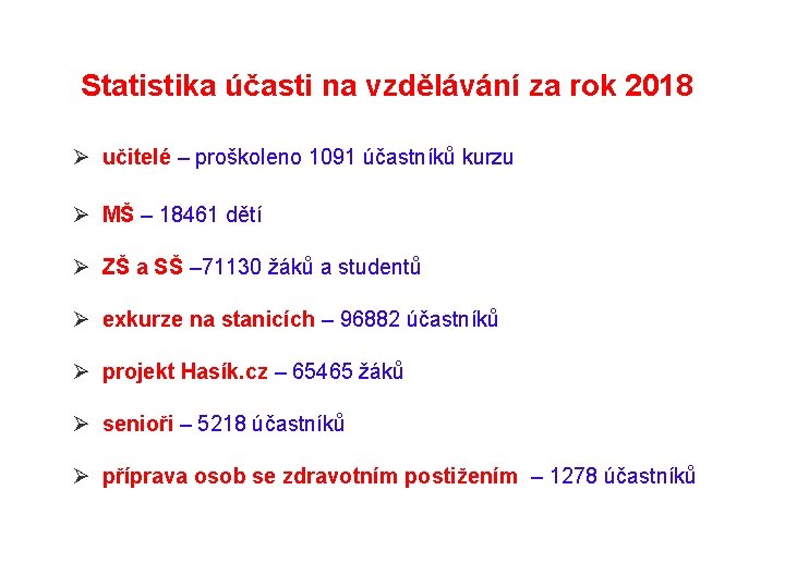 Statistika účasti na vzdělávání za rok 2018 Ø učitelé – proškoleno 1091 účastníků kurzu