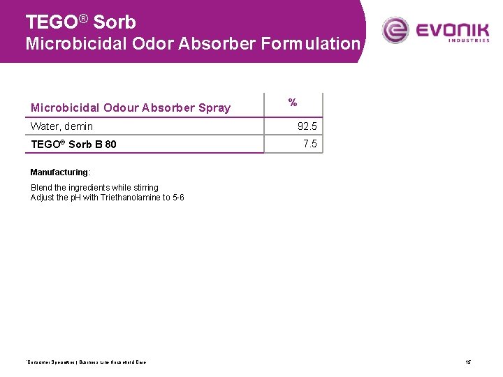 TEGO® Sorb Microbicidal Odor Absorber Formulation Microbicidal Odour Absorber Spray Water, demin TEGO® Sorb