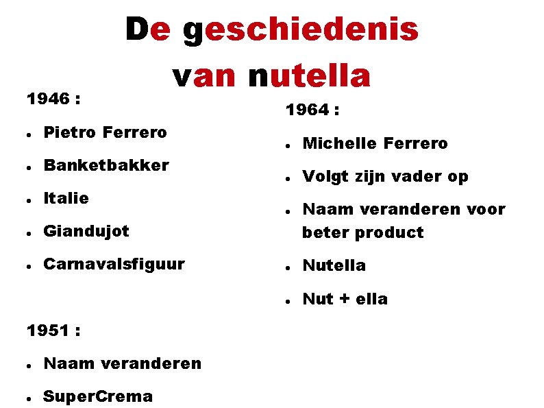 1946 : De geschiedenis van nutella Pietro Ferrero Banketbakker Italie Giandujot Carnavalsfiguur 1951 :