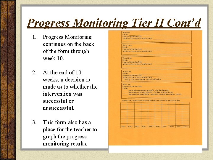 Progress Monitoring Tier II Cont’d 1. Progress Monitoring continues on the back of the