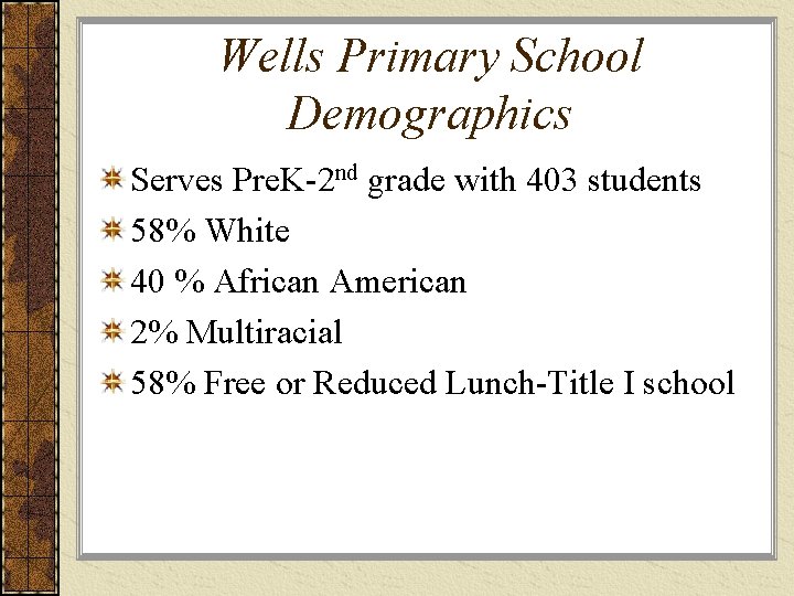 Wells Primary School Demographics Serves Pre. K-2 nd grade with 403 students 58% White