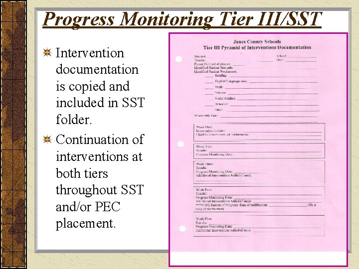 Progress Monitoring Tier III/SST Intervention documentation is copied and included in SST folder. Continuation